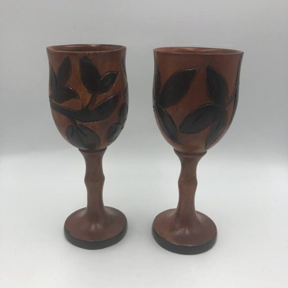 Vintage Hand Carved Wood Goblets Floral Design Collectible Set of 2 - Picture 3 of 12